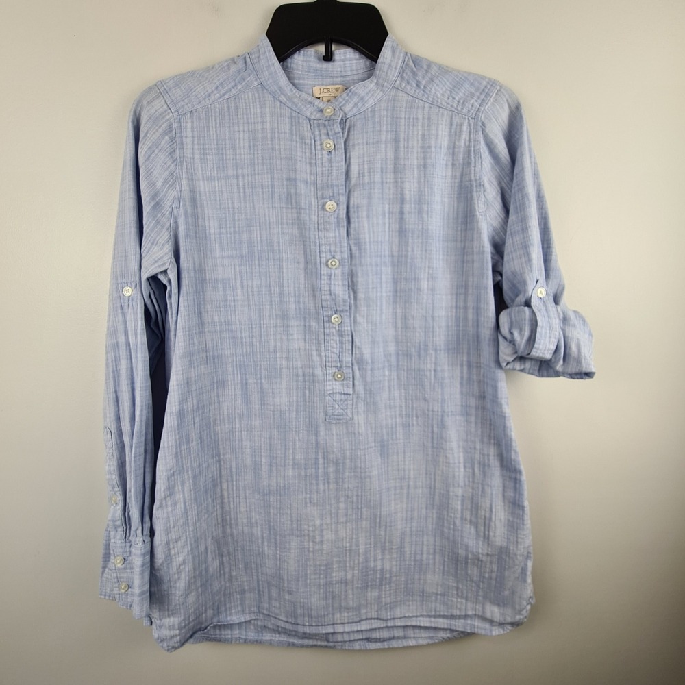 J.Crew XS Light Blue Slub Cotton Roll‎ Tab Sleeve Henley Tunic Top Crosshatch